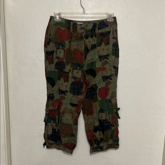 Chico’s Multicolor Face Allover Graphic Cropped Linen Bohemian Pants Art To Wear - Picture 1 of 11